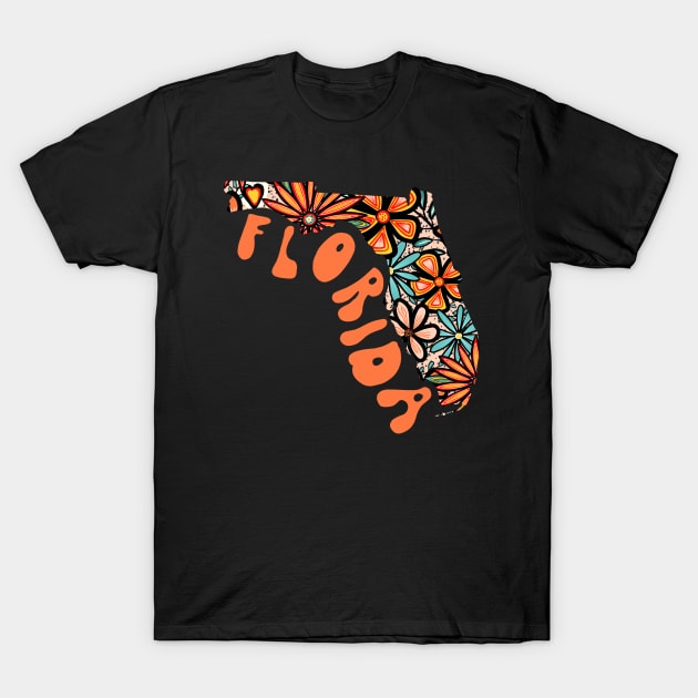 Florida State Design | Artist Designed Illustration Featuring Florida State Outline Filled With Retro Flowers with Retro Hand-Lettering T-Shirt by MarcyBrennanArt